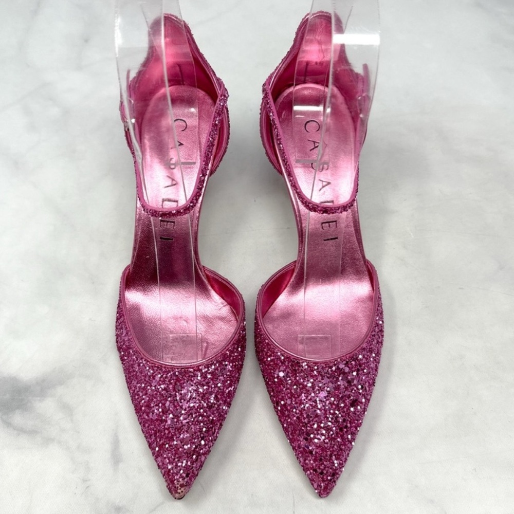 NEW Casadei Glitter Bow Back Pointed Toe Kitten Heel Pumps Pink Designer Formal
